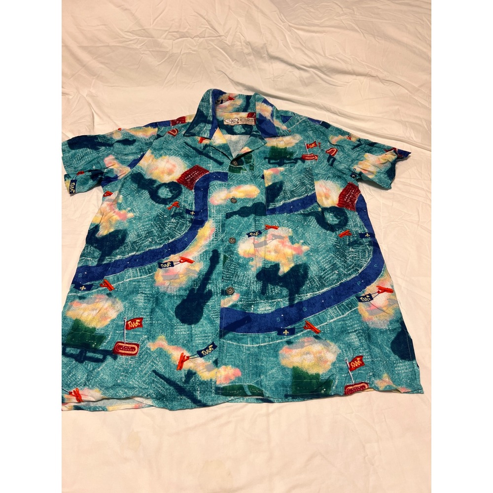 VTG Bayouwear Jazz Fest New Orleans Map Rayon Shirt Mens Large Teal Multi Color